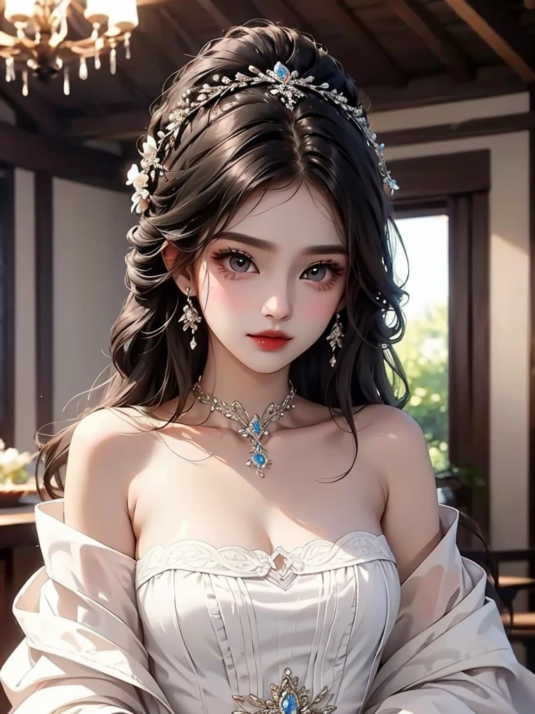 Beautiful woman in gorgeous clothes,Greasy and shiny black lipid hair,(Upper Body)Features