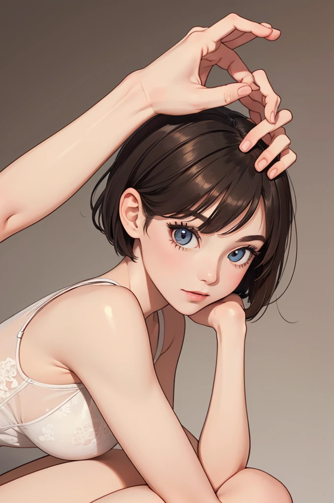 (((masterpiece, best quality, ultra highres, 1 girl, solo, no background))), super detailed skin and face and eyes and finger, beautiful japanese woman, small breasts:1.5, skinny, light brown hair, white background, very short hair, (an illustration of girl), Knee shot, Generate with illustrations, Various expressions, Various poses, Various Costumes, spread legs,