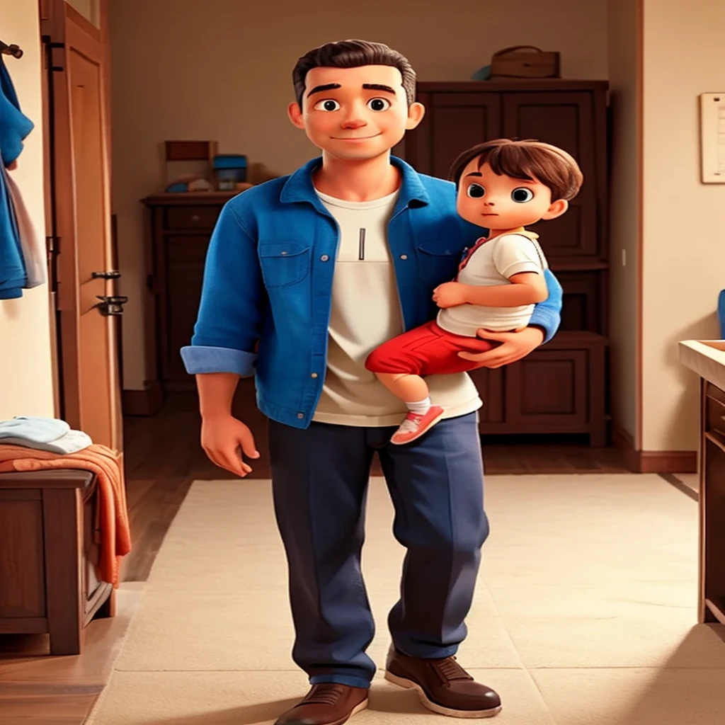 Dad carrying baby and 2 children
