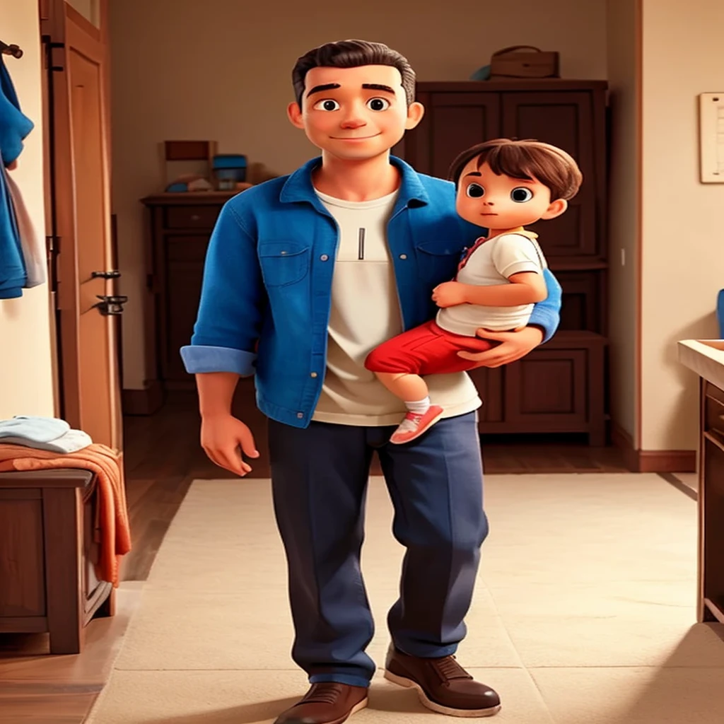 Dad carrying baby and 2 children