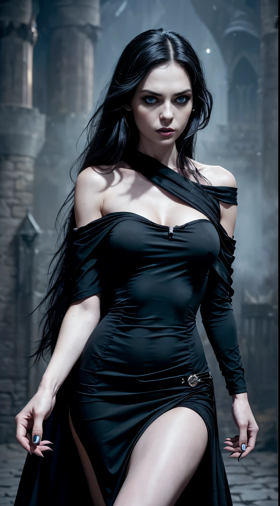 masterpiece, best quality, ultra-detailed, high resolution, extremely detailed, (Full Body Shot:1.3), (sharp focus:1.2), photo, attractive young female model, beautiful, Marijn Isabeau, 22 years old, (blue eyes:1.5), (((black hair:1.2))), caucassian, long hair, (beautiful face:1.1), detailed eyes, luscious lips, (spooky:1.4) (smokey eye makeup:1.5), (smile:1.2), wearing (necklace:1.2), (black tight off the shoulder, sleeveless long dress:1.8), (pale skin:1.8) (vampiresse costume:1.7) on a ( dark night:1.8). (inside castle:1.8), depth of field, bokeh, 4K, HDR. by (James C. Christensen:1.2|Jeremy Lipking:1.1), (soft light:1.9), (dim light:1.5)