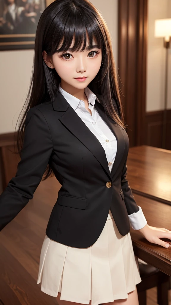 ((high quality)), ((Tabletop)), (Detailed face), (highlight), woman、、Heavy bangs、Black Hair、skirt、blazer