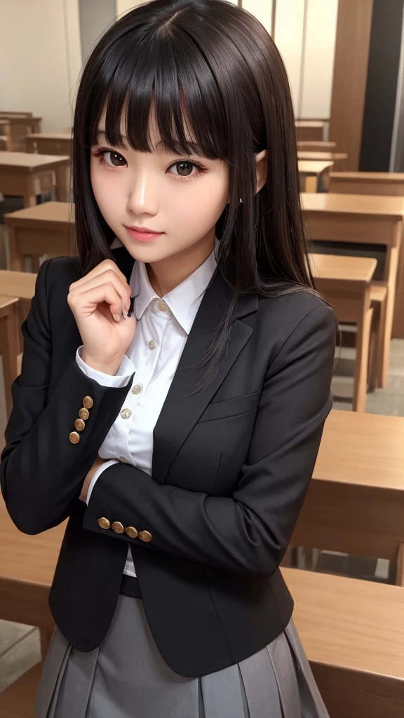 ((high quality)), ((Tabletop)), (Detailed face), (highlight), woman、、Heavy bangs、Black Hair、skirt、blazer