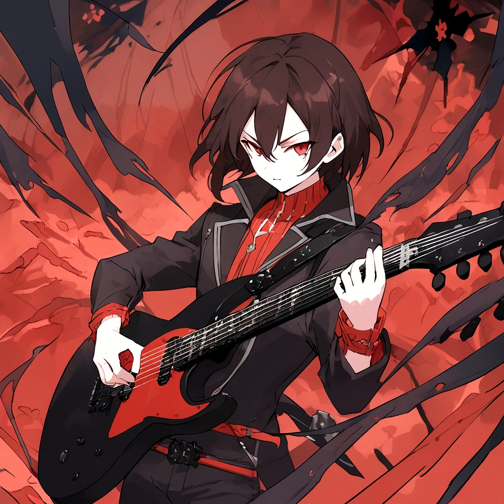 a black-haired anime man ,extremely detailed portrait,cinematic lighting,dramatic dynamic pose,8k resolution,stunning masterpiece,black background,black electric guitar in hand, anime, anime style