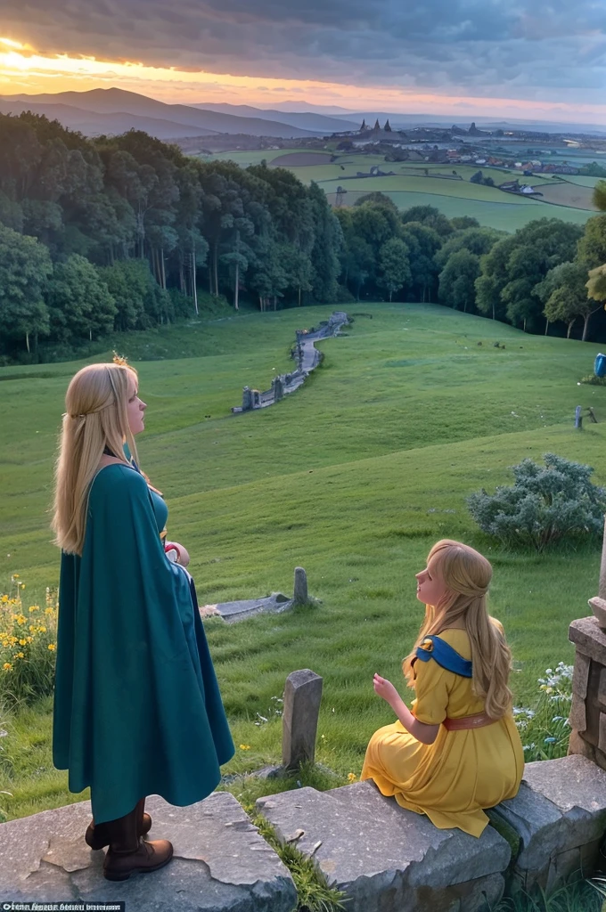 A picturesque view of the kingdom at dawn. The hero stands on a hilltop overlooking the now peaceful land, with the castle in the distance. The hero has short, dark hair and wears his blue tunic and cape. The sun rises, casting a golden glow over fields and rivers. Birds fly across the sky, and the atmosphere is filled with hope and tranquility. The hero reflects on the journey and the peace restored to the land. Nearby, the princess with long, flowing blonde hair and wearing a beautiful yellow dress stands beside him, sharing the moment of triumph and peace.