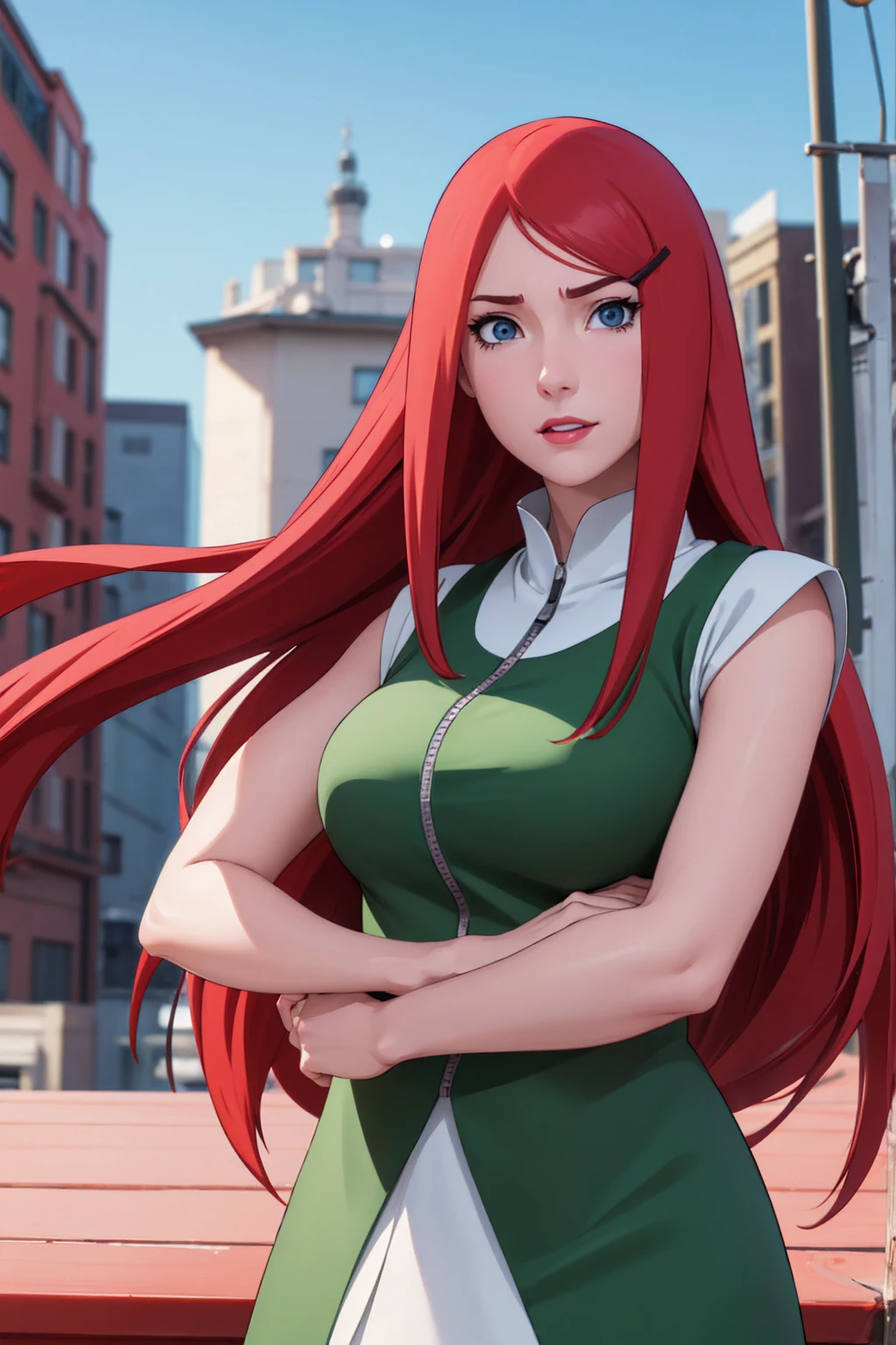 a close up of a person with long hair and a green and white dress, uzumaki kushina, uzumaku kusgiba from anime naruto shippuden, as an anime character, perfect anime face, she has red hair with bangs, female anime character, anime character, anime best girl, hime cut hairstyle, red hair, (red glossy lips:1.3), blue eyes, smile, big , realistic, ultra detail, city background, (beautiful face:1.3) angry