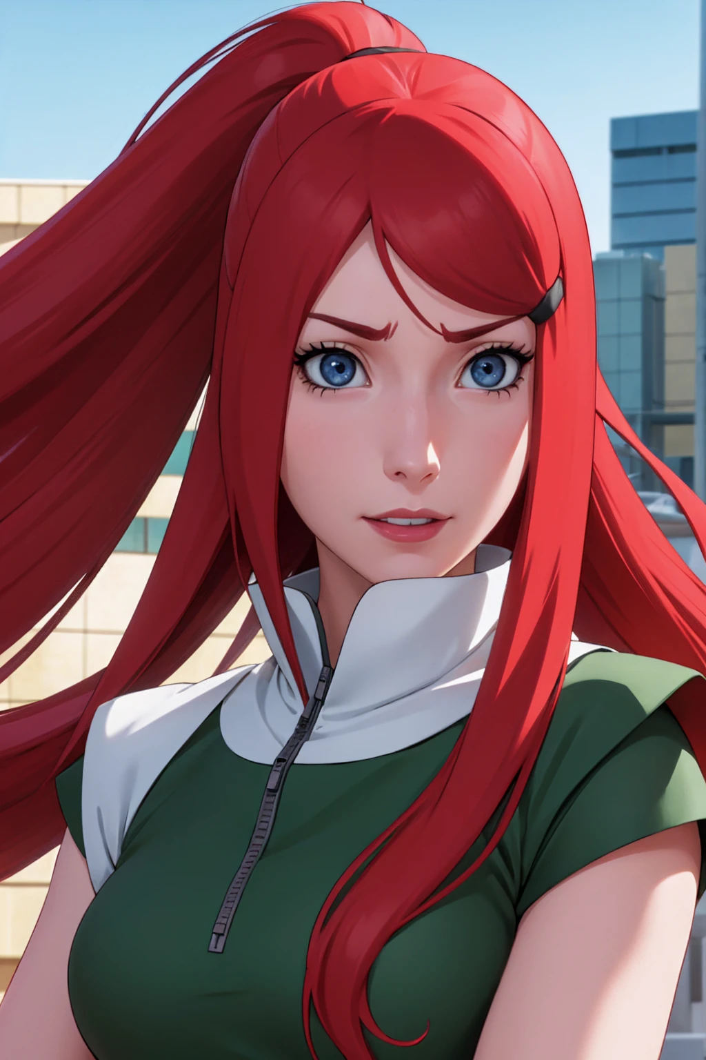 a close up of a person with long hair and a green and white dress, uzumaki kushina, uzumaku kusgiba from anime naruto shippuden, as an anime character, perfect anime face, she has red hair with bangs, female anime character, anime character, anime best girl, hime cut hairstyle, red hair, (red glossy lips:1.3), blue eyes, smile, big , realistic, ultra detail, city background, (beautiful face:1.3) angry