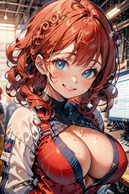 A woman with average height, with a curvy build; curly red hair; blue eyes; freckled face; a perpetually cheerful smile; soft breasts; clearly in love; working as an engineer; soft blur background, clear complexion