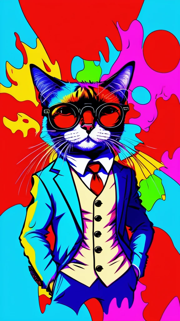 [nfts avatar style art] A colorful portrait of a cat with glasses and a suit jacket, cartoon style, splashes of color*, cartoon portrait, portrait happy colors, caricature illustration, ultra-detailed,cartoon!!! , inspired by art Bored Ape Yacht Club, hippie, color portrait, cartoon,