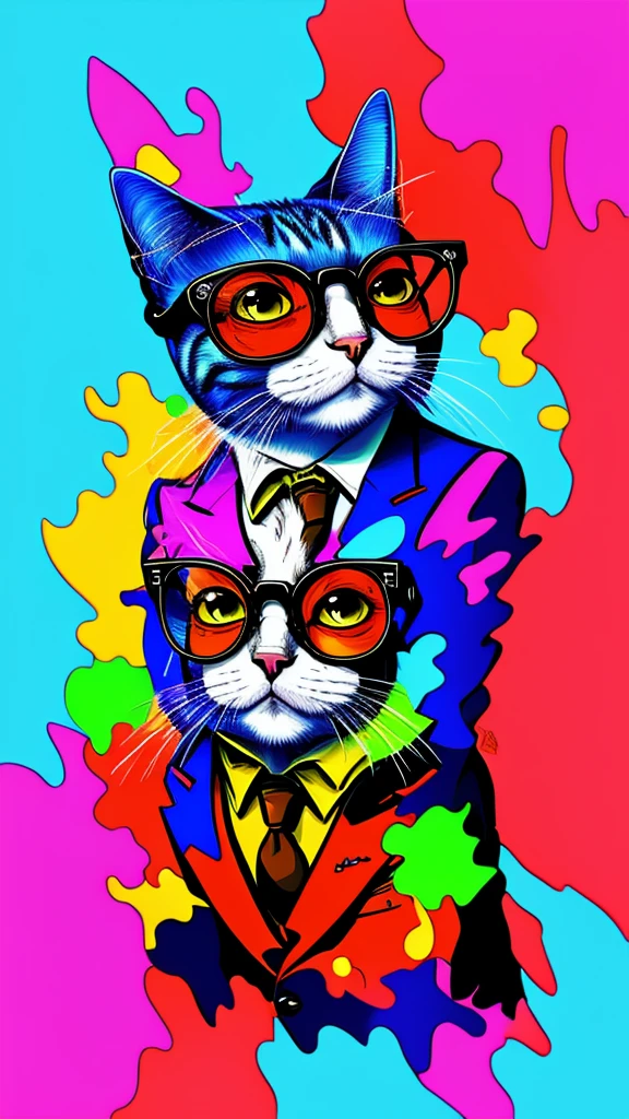 [nfts avatar style art] A colorful portrait of a cat with glasses and a suit jacket, cartoon style, splashes of color*, cartoon portrait, portrait happy colors, caricature illustration, ultra-detailed,cartoon!!! , inspired by art Bored Ape Yacht Club, hippie, color portrait, cartoon,