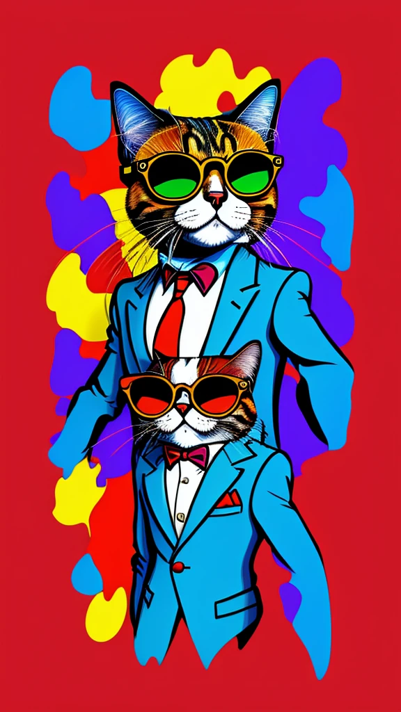 [nfts avatar style art] A colorful portrait of a cat with glasses and a suit jacket, cartoon style, splashes of color*, cartoon portrait, portrait happy colors, caricature illustration, ultra-detailed,cartoon!!! , inspired by art Bored Ape Yacht Club, hippie, color portrait, cartoon,