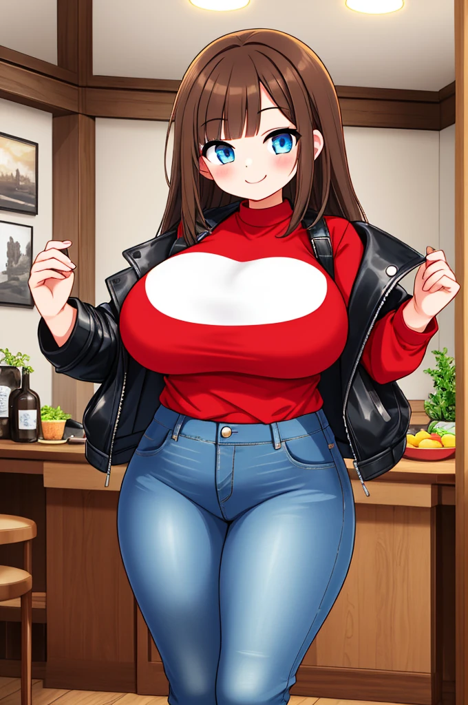 A Cute Girl, Ultra Curvy, Thick, ((Long, Lush, Brunette Hair)), ((Big, Beautiful, Blue Eyes)), Black Leather Jacket, Red Shirt, ((Worn Jeans)), Cute Smile, inside a modern house,