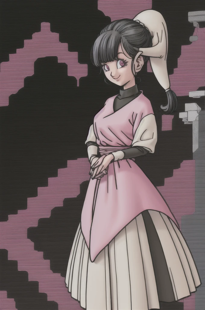 akira toriyama style,1girl, mature lady, ((solo:1.4)), modern clothes, long black hair, pink eyes, anime coloring, innocent smile, ((masterpiece)) 