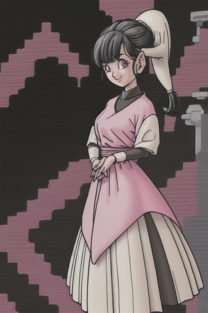 akira toriyama style,1girl, mature lady, ((solo:1.4)), modern clothes, long black hair, pink eyes, anime coloring, innocent smile, ((masterpiece))