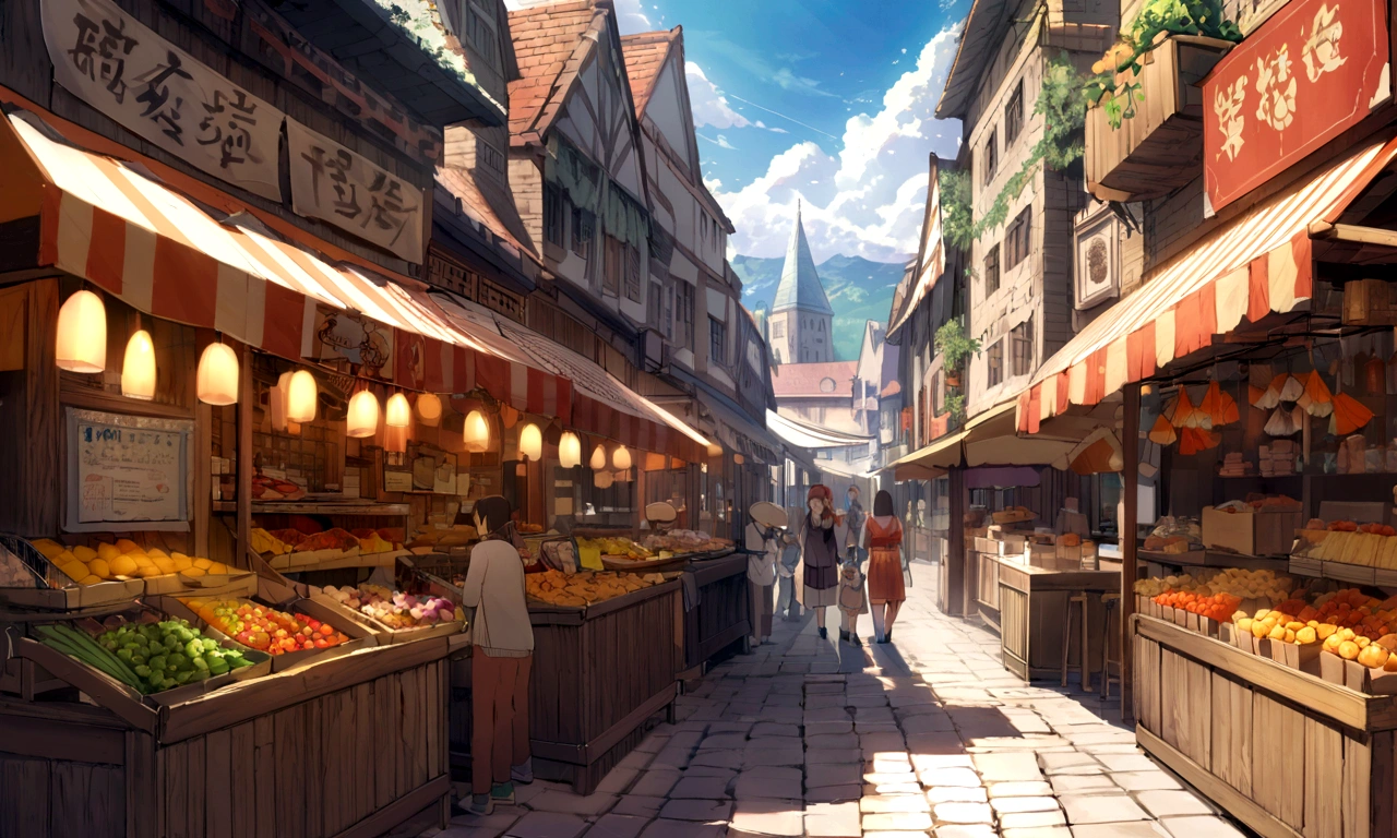 ((((masterpiece, Best Quality, High resolution)))), High detail, manga，anime，Illustrated style，Use of bright colors，Ghibli Studio「Howl&#39;s Moving Castle」The colors are like those used in daytime scenes., Medieval European fantasy worldview, Festivals, There is no castle in the background, Fountain Square, Market Square during the day, 広場のFestivalsの風景, Stalls on both sides of the screen、Garrant、Sparkling water gushes out in the sunlight., Large space, Bustling food stalls,Lots of food stalls，There aren&#39;t many people，人の着ている服はGhibli Studioの魔女の宅急便のような雰囲気， RPG-like scenery, Colorful stalls selling delicious looking foods, The sky is bright blue、Fluffy white clouds floating, And the sun is shining brightly, Create a magical and cozy atmosphere, It&#39;s winter but the atmosphere is bright.