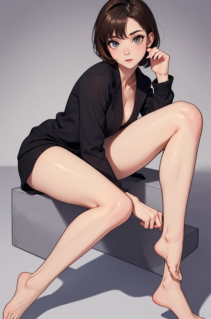 (((masterpiece, best quality, ultra highres, 1 girl, solo, no background))), super detailed skin and face and eyes and finger, beautiful japanese woman, small breasts:1.5, skinny, light brown hair, white background, very short hair, (an illustration of girl), Knee shot, Generate with illustrations, Various expressions, Various poses, Various Costumes, spread legs,