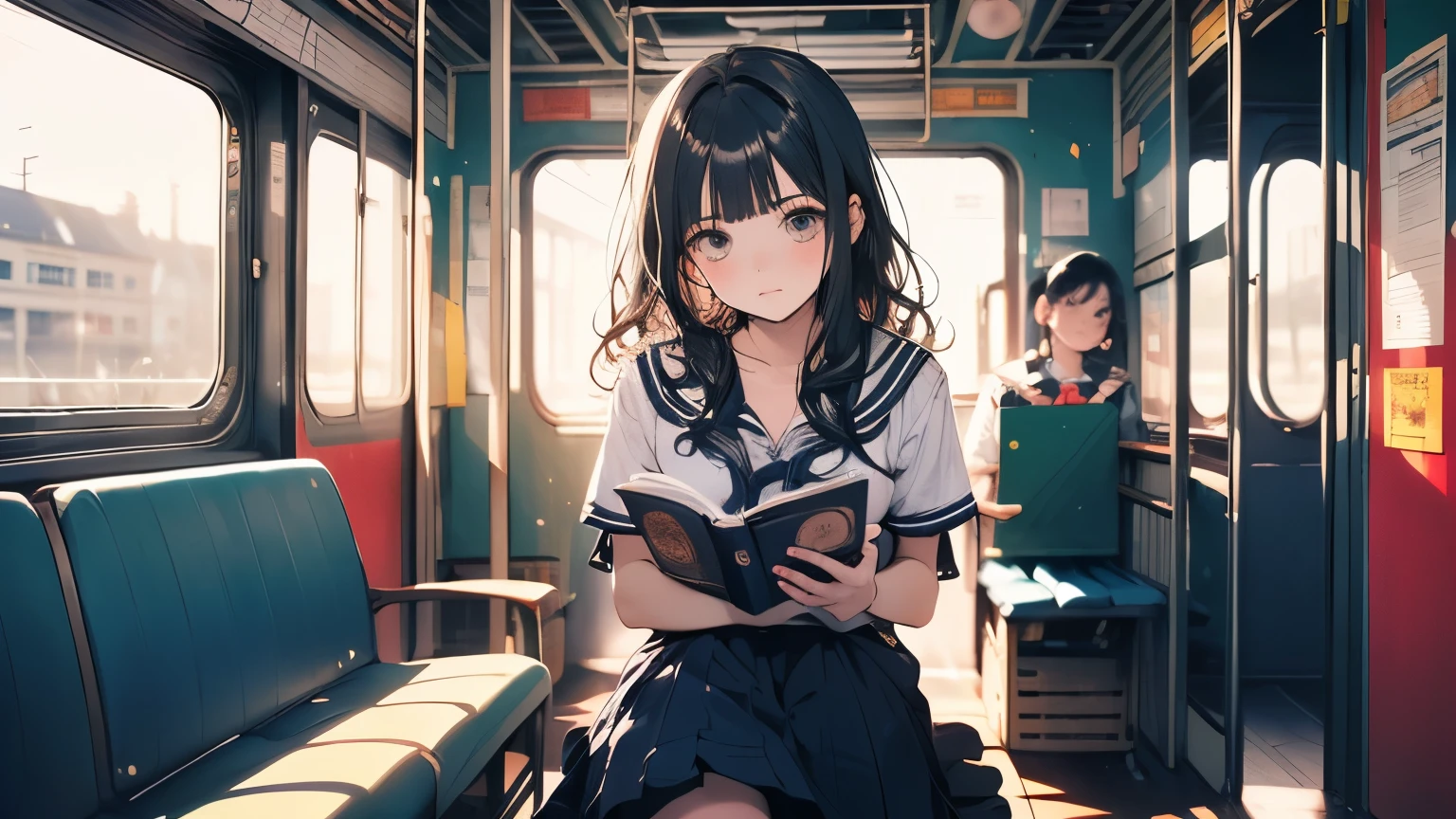((Beautiful schoolgirl:1.5),High resolution, highest quality),Wearing a sailor uniform,Super detailed, Big bright eyes, dark and brilliant curly hair, Sad look, Rosy Cheeks, Soft Light, Pure white background. riding a train,Reading a book,whole body,Attractive legs,whole body