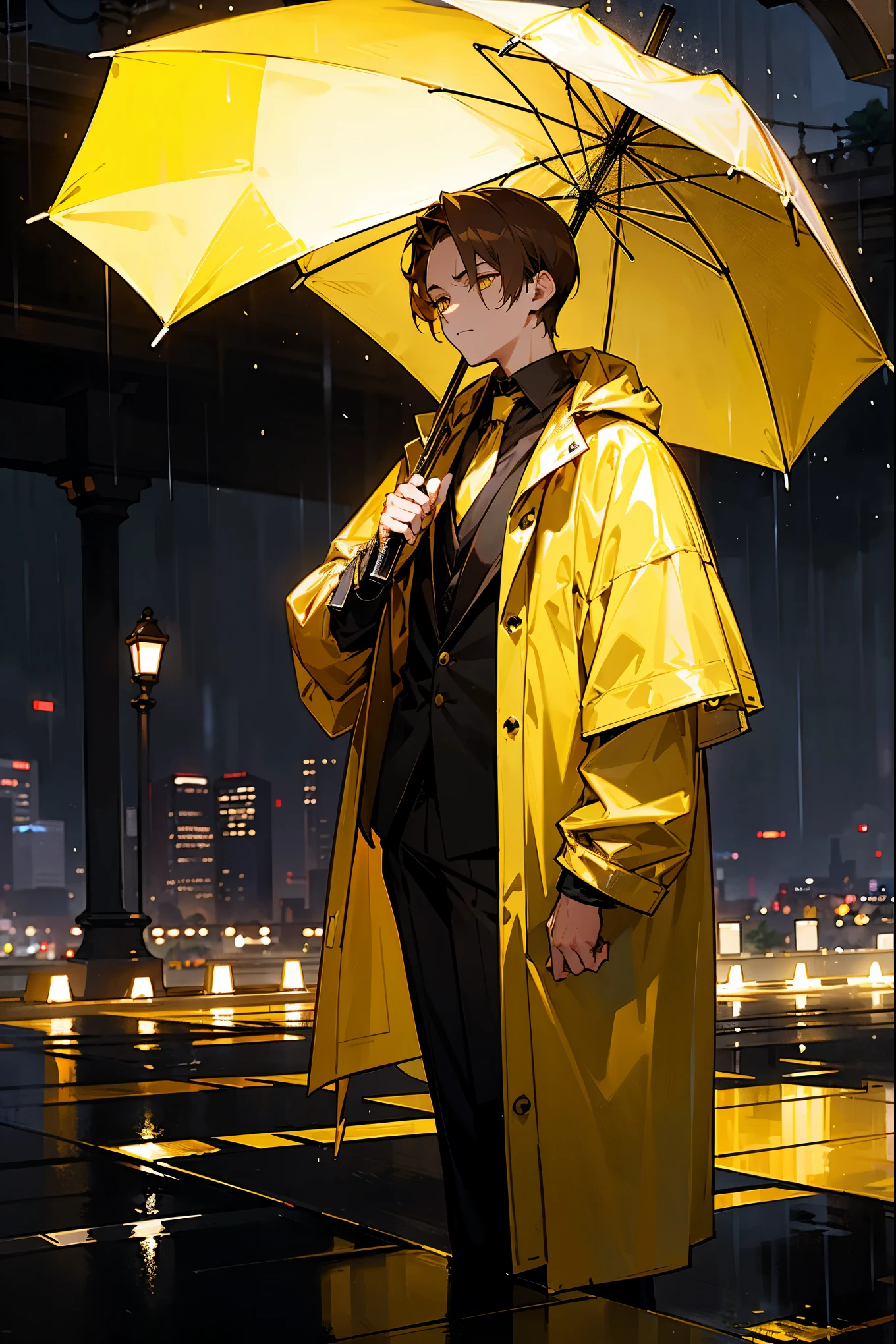 1male, brown hair, comb over, yellow eyes, yellow hair, expressionless, raincoat, black undershirt, raining, reflective light, city background, detailed background, hands to side, standing on path