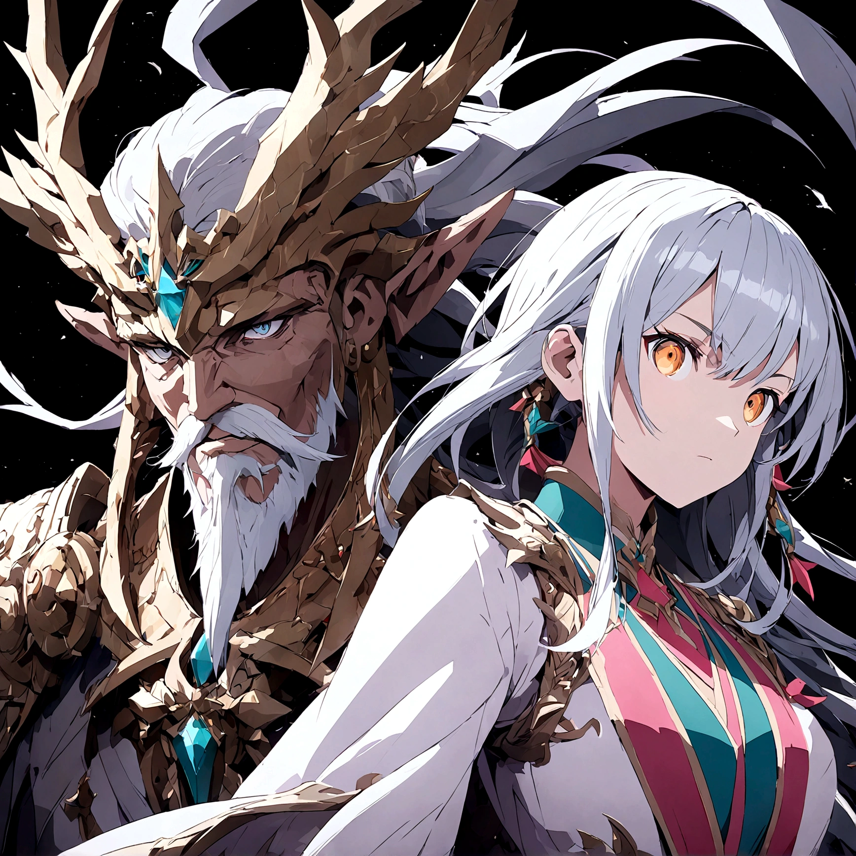 a powerful primordial god with a white beard standing beside a powerful old primordial goddess, black background, anime style, detailed face, detailed clothing, intricate details, complex composition, refined textures, vibrant colors, masterful rendering, 8k, best quality