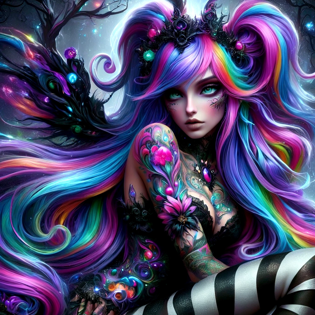 a close up of a woman with colorful hair and tattoos, colorfull digital fantasy art, fantasy dark art, gothic fantasy art, vibrant fantasy style, fantasy art style, beautiful fantasy art, epic 3 d abstract emo girl, detailed fantasy digital art, gorgeous digital art, amazing fantasy art, digital art fantasy, fantasy digital art, colorful and dark, anime fantasy artwork