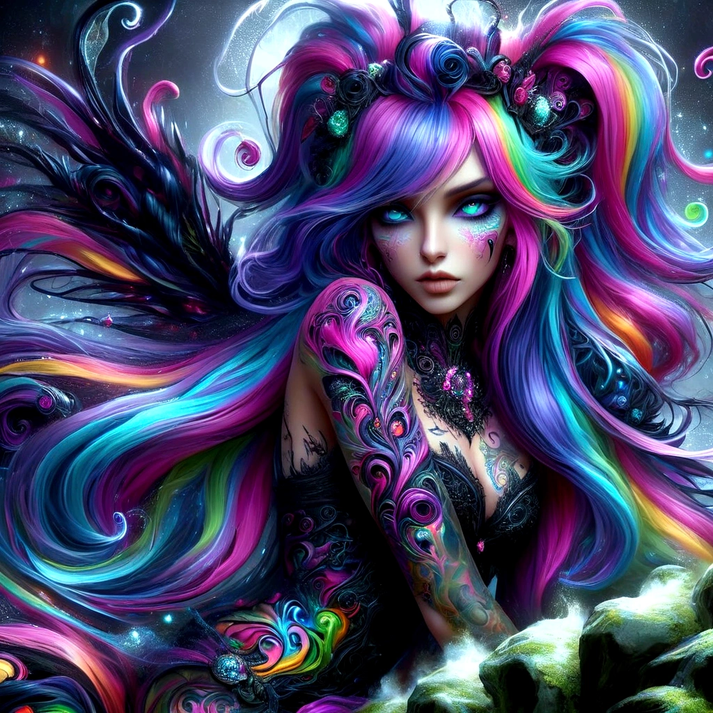 a close up of a woman with colorful hair and tattoos, colorfull digital fantasy art, fantasy dark art, gothic fantasy art, vibrant fantasy style, fantasy art style, beautiful fantasy art, epic 3 d abstract emo girl, detailed fantasy digital art, gorgeous digital art, amazing fantasy art, digital art fantasy, fantasy digital art, colorful and dark, anime fantasy artwork