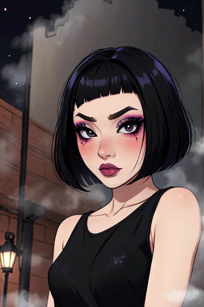 1girl, FengMin, solo, skinny, black eyes, asian eyes, eyeliner, looking at viewer, lips, black bob cut, blunt bangs, blush, standing, upper body, face focus, outdoors, horror \(theme\), night, fog egirlmakeup