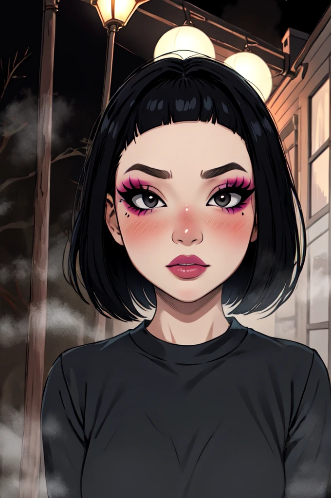 1girl, FengMin, solo, skinny, black eyes, asian eyes, eyeliner, looking at viewer, lips, black bob cut, blunt bangs, blush, standing, upper body, face focus, outdoors, horror \(theme\), night, fog egirlmakeup