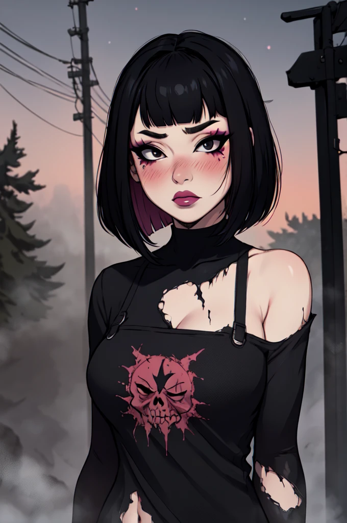 1girl, FengMin, solo, skinny, black eyes, asian eyes, eyeliner, looking at viewer, lips, black bob cut, blunt bangs, blush, standing, upper body, face focus, outdoors, horror \(theme\), night, fog egirlmakeup