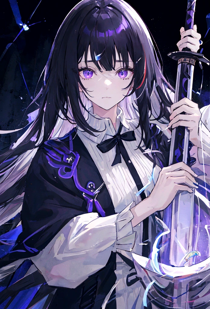 a woman with black hair and white streaks with sad face holding a large purple sword, detailed eyes, detailed sword, cinematic lightning