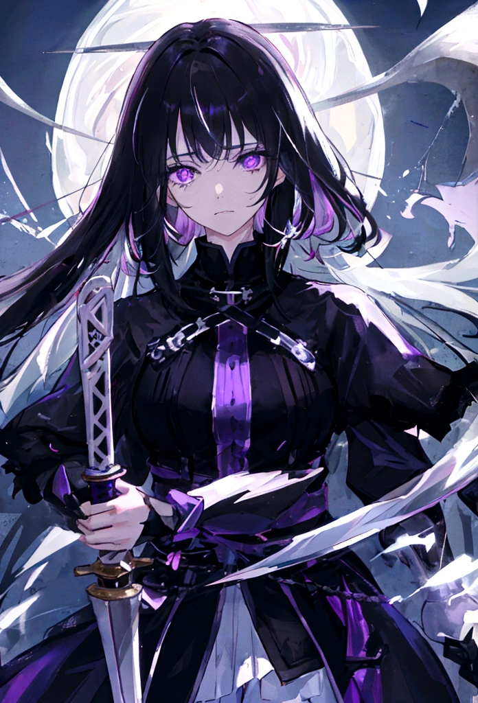 a woman with black hair and white streaks with sad face holding a large purple sword, detailed eyes, detailed sword, cinematic lightning

