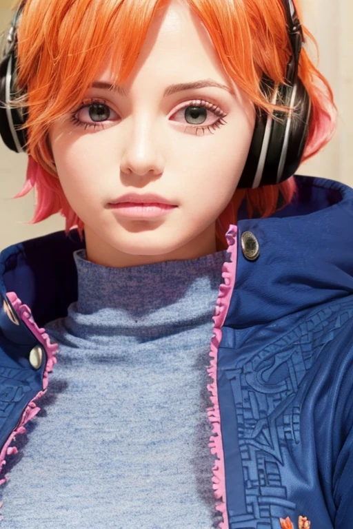 masterpiece, highest quality, 8k, Ultra-high resolution, highest quality, Anime Style, Best writing, Beautiful Face
((Very detailed背景、Delicate pattern、Intricate details))、(Very detailed、Fine details)、Beautiful lighting、((Medium chest、Slim girl))、1 girl、Lilith、
(Bangs covering one eye) 、((Bright orange hair))、Headphones、Purple eyes、(Navy blue jacket:1.2)、((Pink bodysuit))、Complex and detailed background、internal、Castle room environment、Medieval castle、Gray wall、window、Bookshelf、(Extreme close up:1.3)