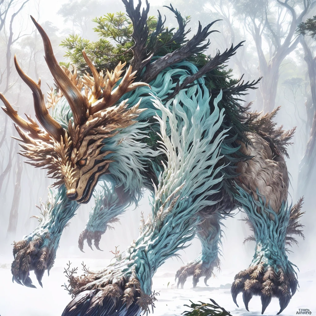 A closeup of a monster with a big head and a huge body, (((no meio de uma densa floresta de pinheiros))), arte oficial altamente detalhada, fenrir, detalhe imenso, por Ryan Yee, arte completa, in an epic and intricate oroboros, giant ethereal creature, arte digital detalhada de anime, senhor das feras, arte digital detalhada de fantasia 2D, arte completa illustration, um lobo minotauro, arte de fantasia altamente detalhada, (((no meio de uma densa floresta de pinheiros)))
