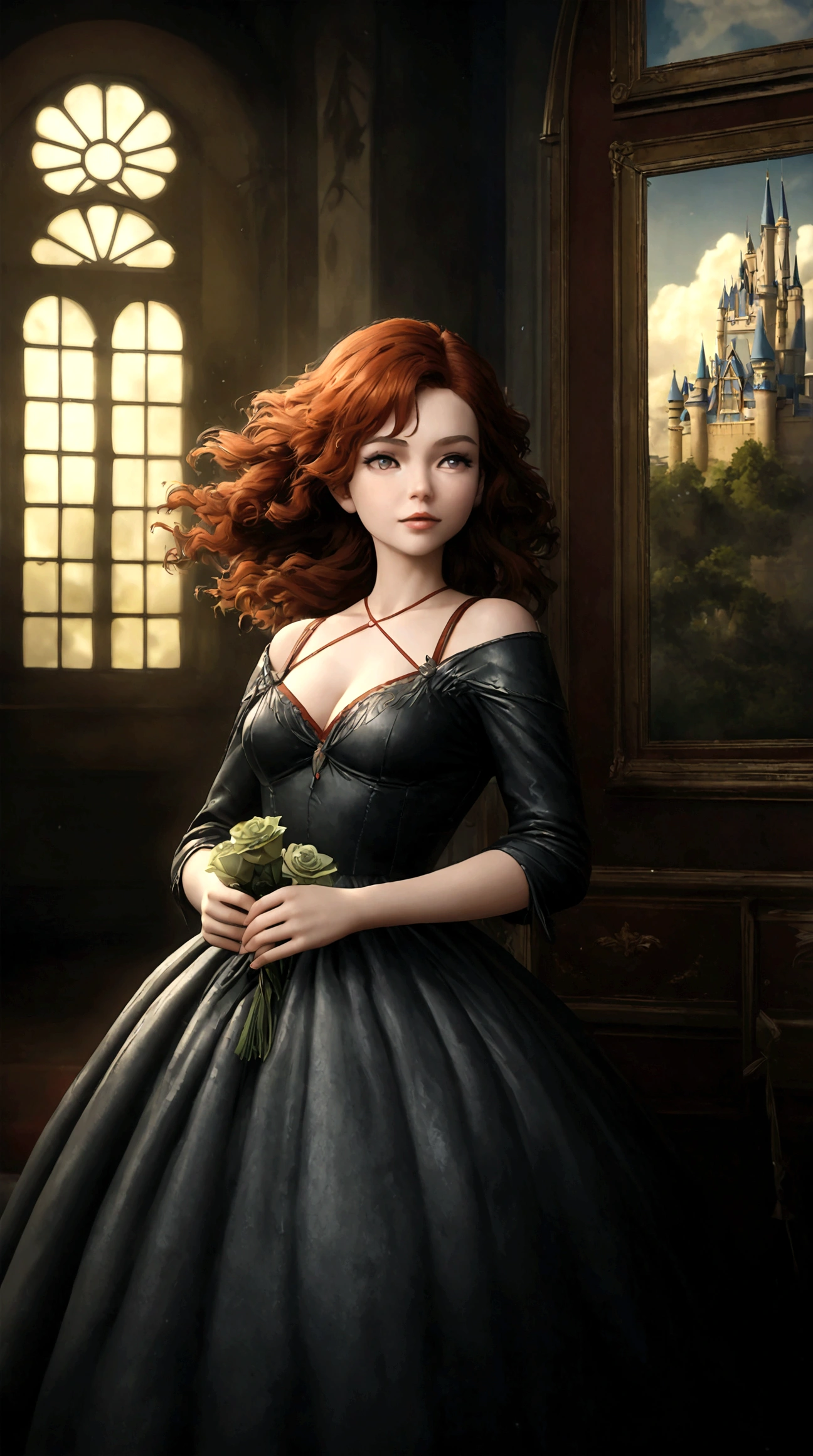 Epic CG matte painting, wide view, Pale green clouds, Disney's Castle, garden full of flowers on the clouds, a few drops of water, falling from the clouds, A sea of pale green roses, HD Images, Unreal engine, ArtStation 4k HD trend, girl takes off her dress