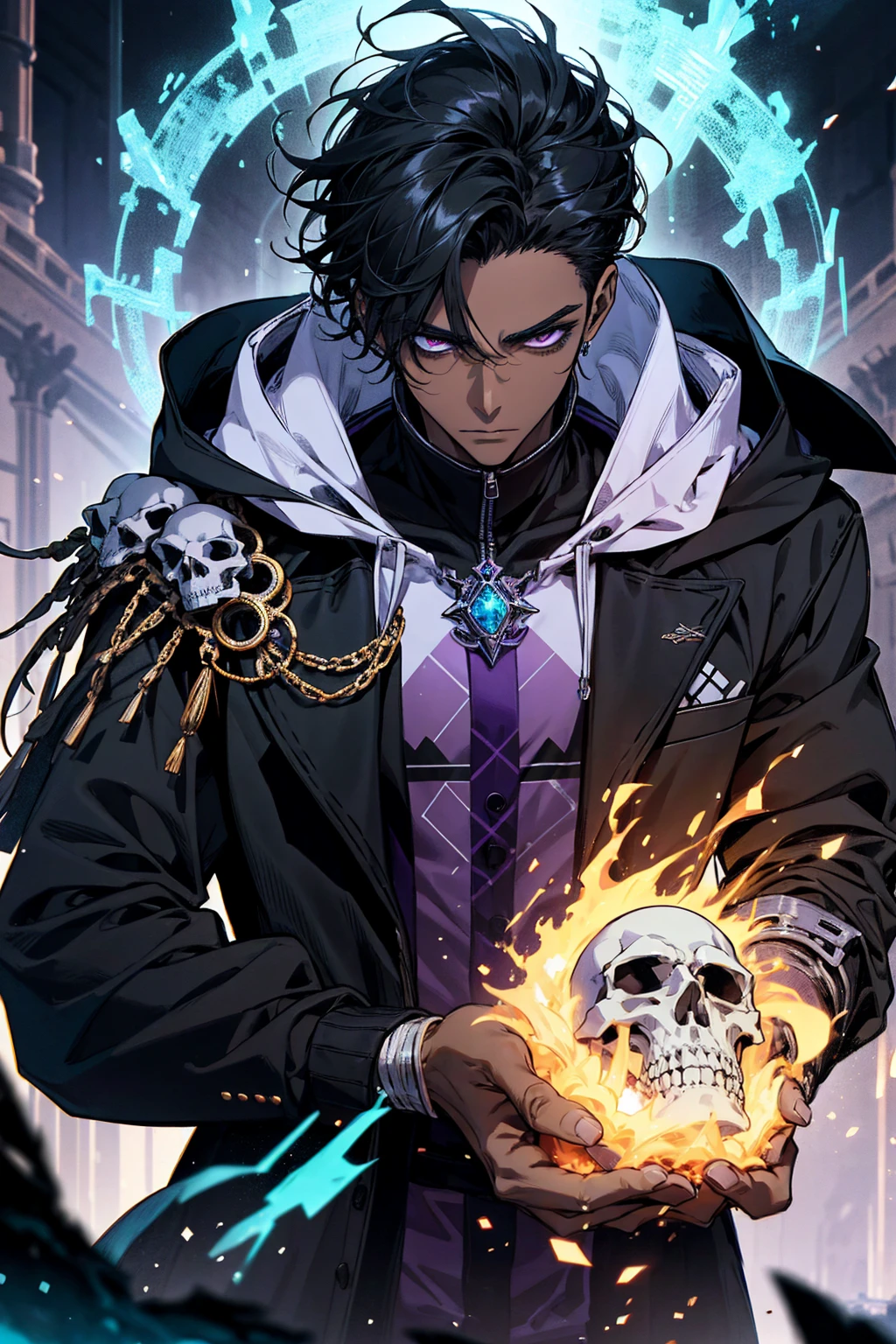 male with bones, looking away from camera, skulls, bones, handsome, black, dark skin, tall, broad shoulders, black hair, purple, purple fire, magic, detailed face, fantasy, hoodie