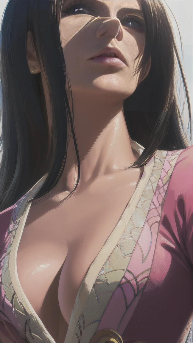 A detailed, colorful illustration of Boa Hancock from One Piece, wearing a beautiful dress, extremely detailed and intricate facial features, flawless skin, elegant posture, (best quality,4k,8k,highres,masterpiece:1.2),ultra-detailed,(realistic,photorealistic,photo-realistic:1.37),vibrant colors,dramatic lighting,cinematic composition,fantasy,digital art