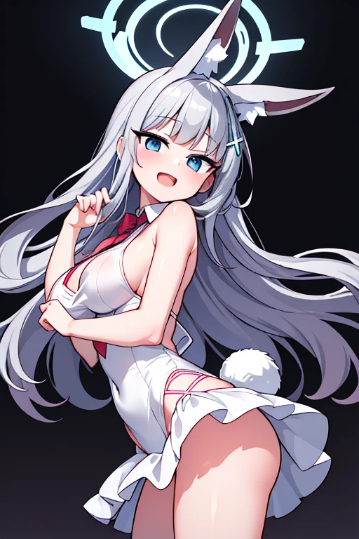 shiroko_bluearchive,slim, big breasts,(young :1.3),White Bunny,Long hair,ass up wait,White rabbit tail,expose her nipples,white rabbit ears,white lace bunny suit,Off-shoulder,Bare shoulders,sleeveless,red ribbon tie,White fishnet socks,Nightclub,White light,light and shadow full body,dizzy,insanely detailed, absurdres, ultra-highres, ultra-detailed, best quality,1girl, solo, nice hands, perfect hands,BREAK,happy smile, laugh, open mouth,cute pose, cowboy shot,BREAK,
slender, kawaii, perfect symmetrical face, ultra cute girl, ultra cute face, ultra detailed eyes, ultra detailed hair, ultra cute, ultra beautiful,
BREAK,