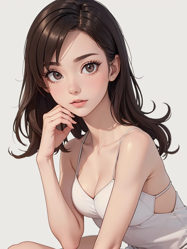 (((masterpiece, best quality, ultra highres, 1 girl, solo, no background))), super detailed skin and face and eyes and finger, beautiful japanese woman, small breasts:1.5, skinny, light brown hair, white background, very short hair, (an illustration of girl), Knee shot, Generate with illustrations, Various expressions, Various poses, Various Costumes, spread legs,