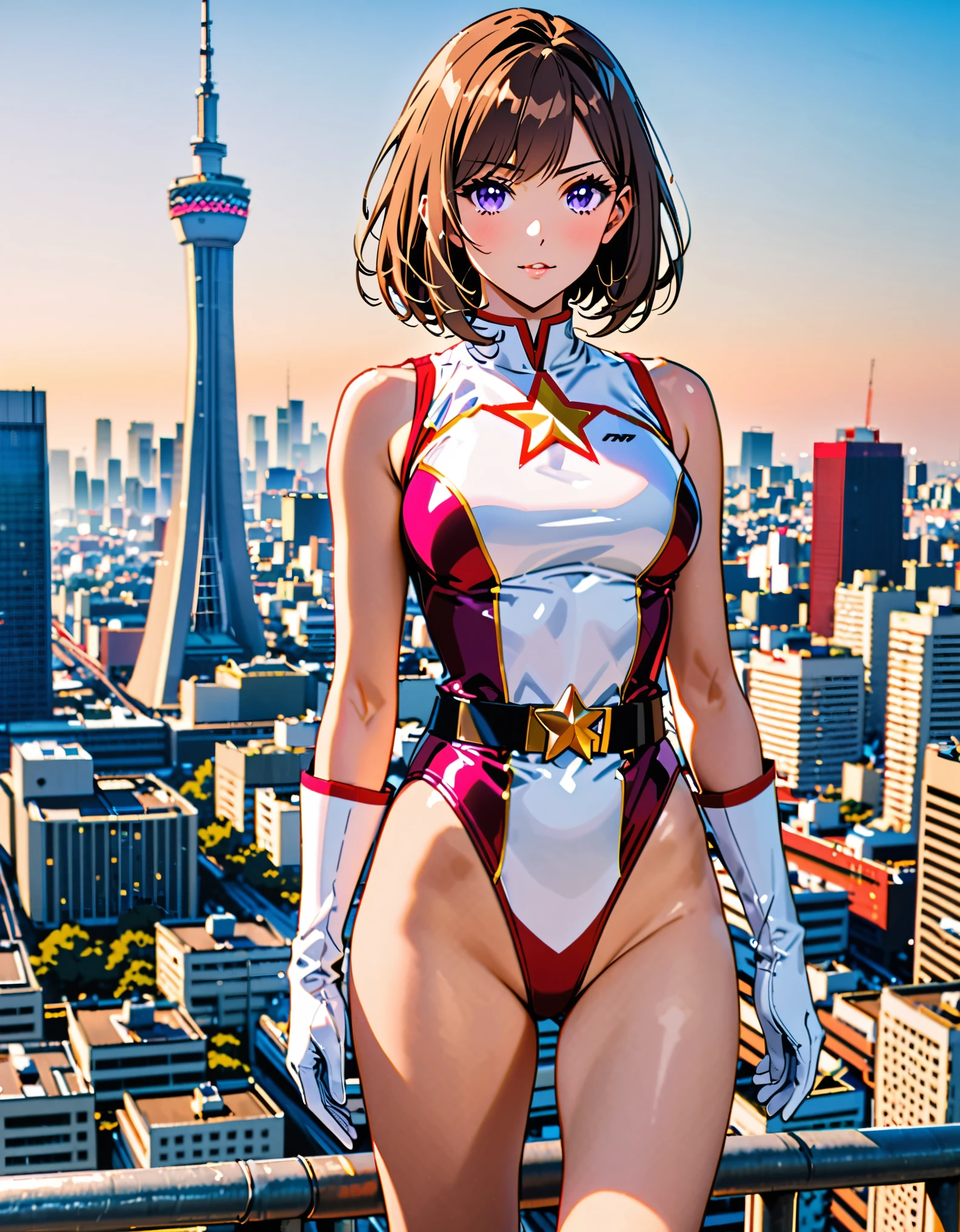 (masterpiece), (best quality), (high res), medium breasts, ((leotard, white and red leotard, matching leotard, sleeveless, bare legs)), ((tight belt, gold belt)), ((boots, matching boots, ankle-high boots, white boots)), ((gloves, white gloves)), city backdrop, tokyo city backdrop, solo, solo focus, standing, (full body), cowboy shot, superhero, ((beautiful detailed eyes)), ((gold star symbol on chest)), (brown hair, medium hair, bob hair, purple eyes), (perfect hands, perfect anatomy), cowboy shot, superhero, ((beautiful detailed eyes)), (full body costume design).