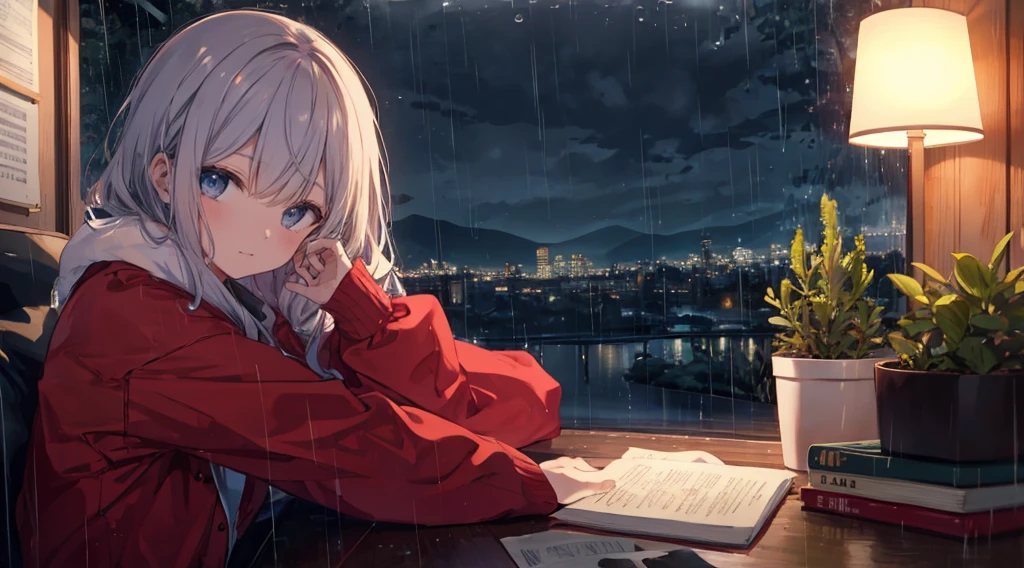 Home, study, night, rain, Girl's long brown hair, sleep, machine, computer, warm, Chill, relax, High resolution, Super sharp, 8k, masterpiece, A girl in a kimono sits, Black Short Hair, lake, moon, reflection, Japan