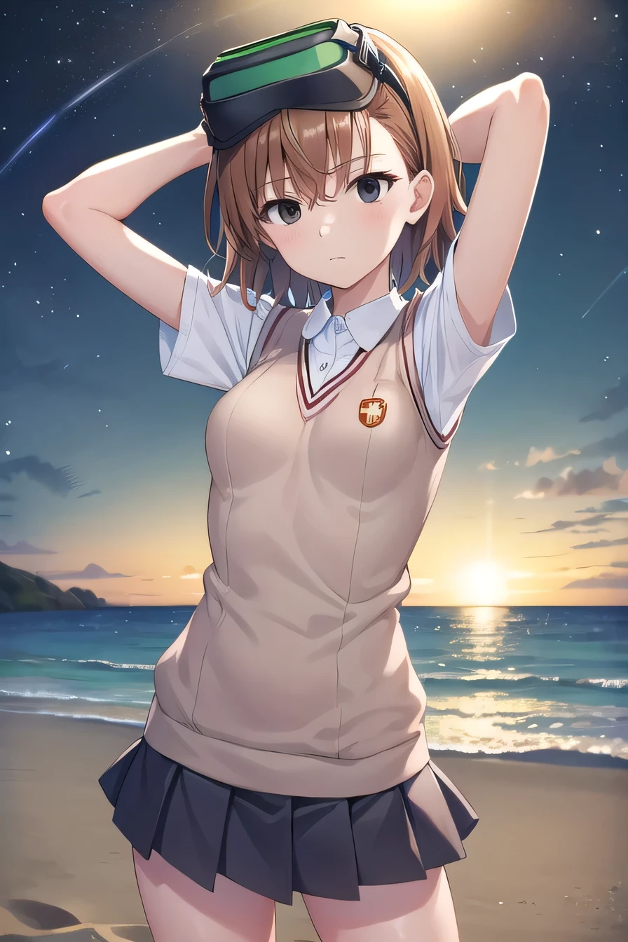 misaka imouto, short hair, brown hair, black eyes, empty eyes, goggles, goggles on head, head-mounted display, , sweater vest, shirt, skirt, white shirt, pleated skirt, v-neck, short sleeves, tokiwadai, solo, night sky, beach, arms behind head, contrapposto, spread armpits, closed mouth, (cowboy shot:1.5), looking at viewer, shaking hips,