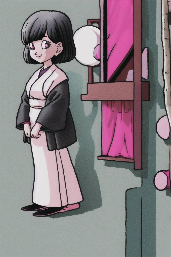 akira toriyama style,1girl, mature lady, ((solo:1.4)), modern clothes, long black hair, pink eyes, anime coloring, innocent smile, ((masterpiece))