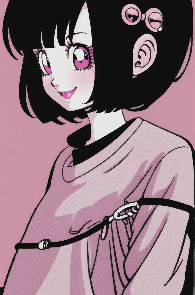 akira toriyama style,1girl, mature lady, ((solo:1.4)), modern clothes, long black hair, pink eyes, anime coloring, innocent smile, ((masterpiece)) 