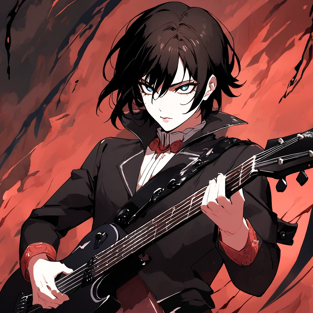 a black-haired anime man, extremely detailed portrait, cinematic lighting, dramatic dynamic pose, 8k resolution, stunning masterpiece, black background, black electric guitar in hand, anime, anime style, beautiful detailed eyes, beautiful detailed lips, extremely detailed face, long eyelashes, dark mysterious expression, chiaroscuro lighting, moody atmosphere, high contrast, rich colors, vibrant