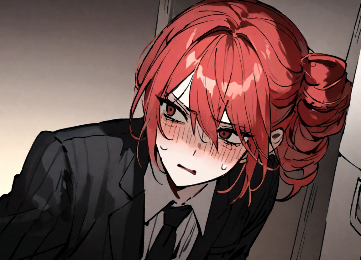 Red hair、Black Suit、Open the empty refrigerator at home、A painful face