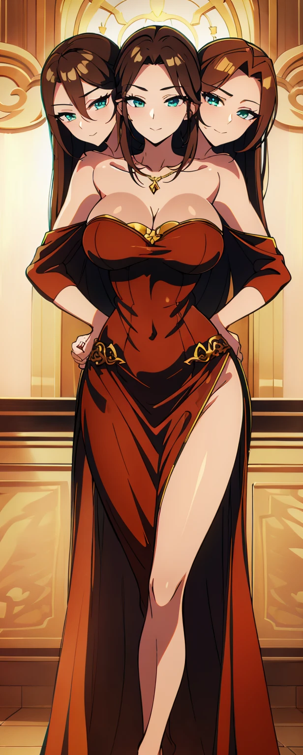 best quality, (masterpiece),(ultra-detailed), (high quality), (high resolution), ((2heads:1.5)), best quality:1.5, highres, UHD, 16K), smiling, highres, masterpiece, ((golden blonde hair)), cleavage, ((black dress)), lustrous and smooth skin, , (mature woman), seductive silhouette, ((slim hips)), casual dress, sexy proportions, Beautiful girl with accentuated slender abs, long legs, seductive woman, background, necklace, body con dress, strapless, sleeveless, blue green eyes, long hair, ponytail