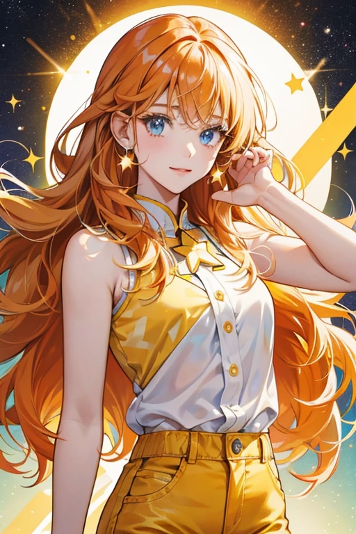 Startchi is yellow, with blue eyes, and wavy orange hair which is decorated with three yellow stars. sHe wears a white sleeveless shirt which is also decorated with two more yellow stars, and red pants. SPARKLE; GLITTER