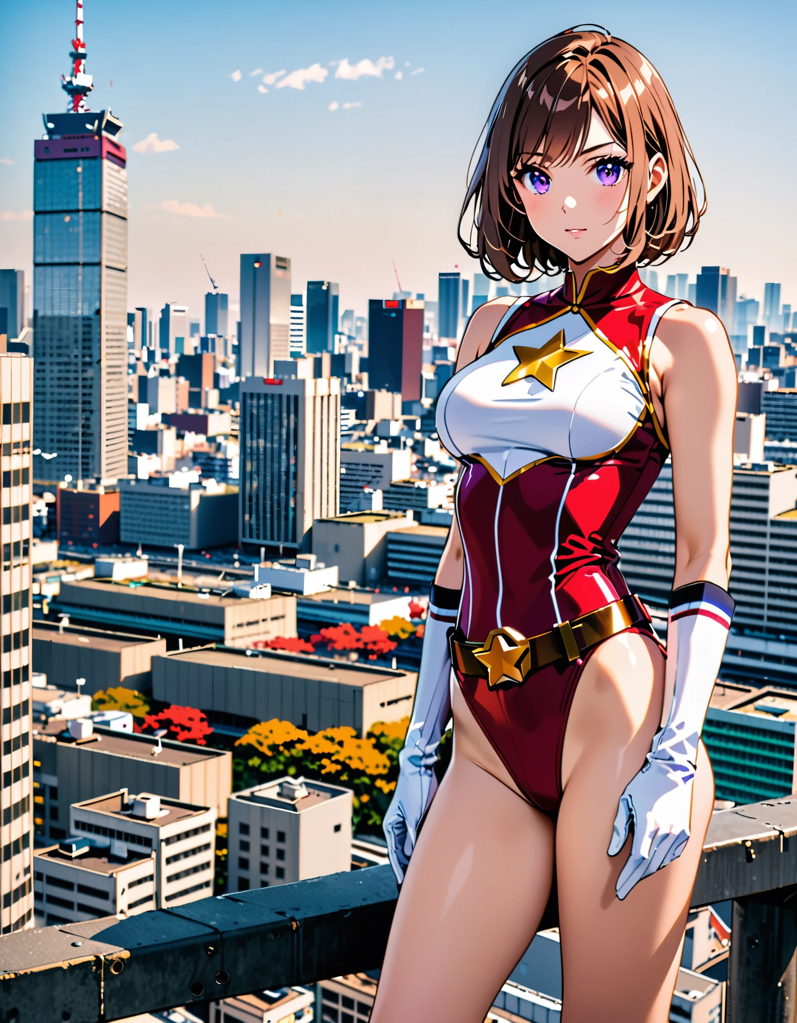 (masterpiece), (best quality), (high res), medium breasts, ((leotard, white and red leotard, matching leotard, sleeveless, bare legs)), ((tight belt, gold belt)), ((boots, matching boots, ankle-high boots, white boots)), ((gloves, white gloves)), city backdrop, tokyo city backdrop, solo, solo focus, standing, (full body), cowboy shot, superhero, ((beautiful detailed eyes)), ((gold star symbol on chest)), (brown hair, medium hair, bob hair, purple eyes), (perfect hands, perfect anatomy), cowboy shot, superhero, ((beautiful detailed eyes)), (full body costume design).