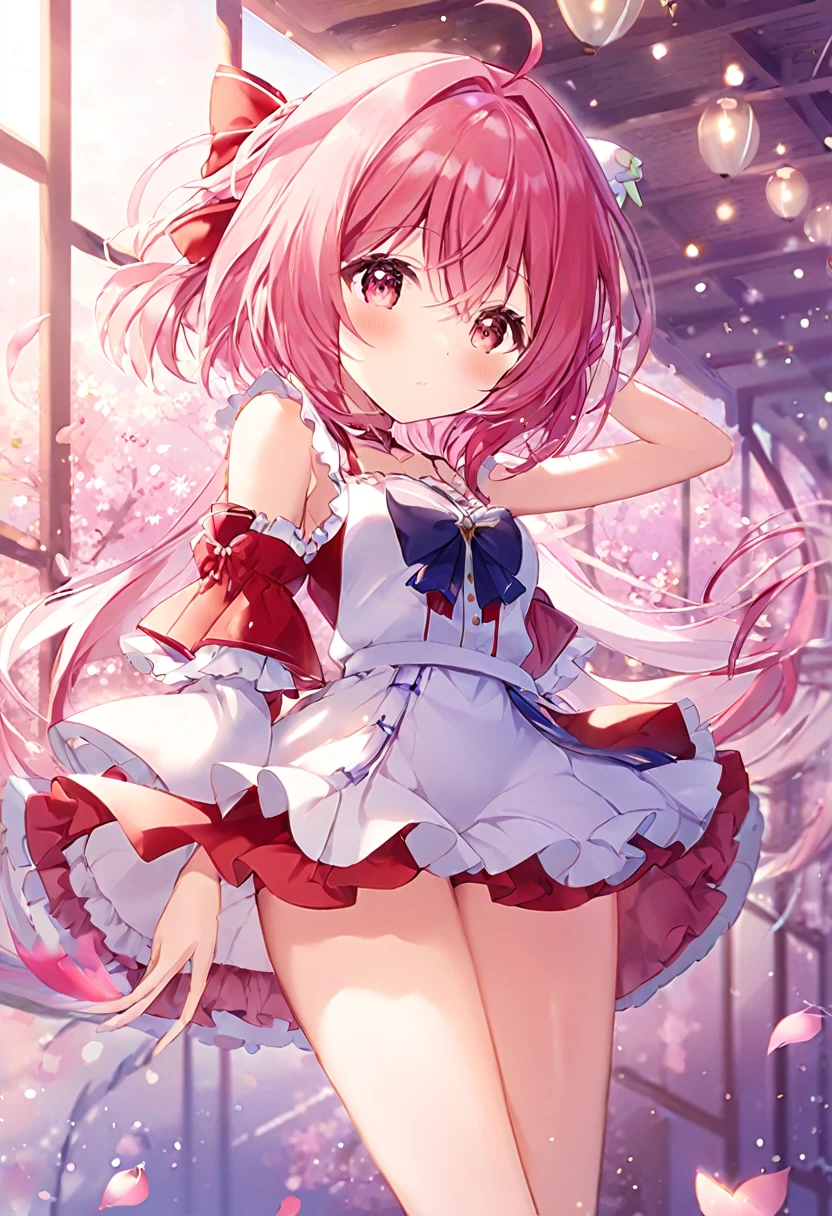 1girl in, solo, nakano nino, Pink hair, butterfly hair ornament, (barechested:1.3), (White apron),, cleavage of the breast, thighs thighs thighs thighs, Cafe background, (red blush:1.3), opening legs