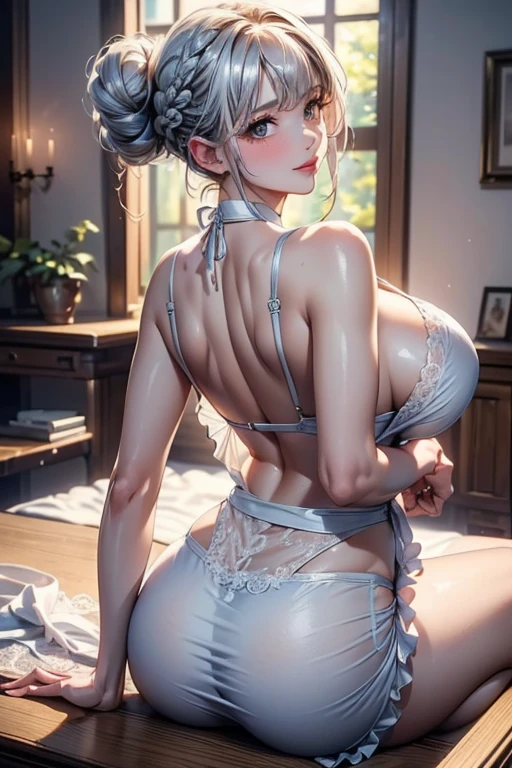 (A masterpiece of image quality in 8K),(Beautiful Allafed Woman),(((emphasizing breasts:1.3))),(Dynamic angles),(Dynamic and sexy bending pose:1.3),(sit a chair:1.3),(Short hair in shiny silver and orange inner colors,large full breasts,Disturbance of clothing due to movement,breast slip,(Ponytail twisted buns adorned with elaborate braids and beads,Braided Setup Fishbone Hair,),(see-through bangs),Huge breasts、(((A white lace apron that shows your bare skin from under your big breasts.......)))、Blush with embarrassment、Enraptured eyes、A smile that beguiles the viewer、(Look back:1.7)、Look into the photographer,skin glistening with sweat,gazing at viewer,,(Professional Lighting),(8K,masutepiece,top-quality,Ultra-high resolution output image,),(Ultra HD with complex detail image modes),depth of fields,Beautiful hands,Beautiful fingers,Detailed finger features,(Detailed hair features:1.7),detailed facial features,detailed clothes features,
