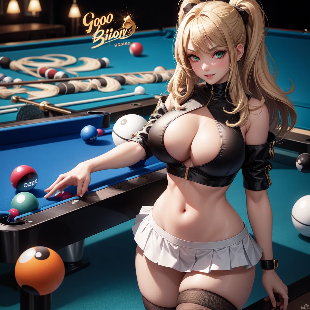 1 girl, solo, playing 8 ball pool, pool table, Big round breasts, curvy hips, hourglass waist, realistic, bright blonde hair, light green eyes, amazing big eyes, eye details, eyebrow details, crop top, pink skirt, parted lips, blush, confident, dominant, bdsm, smirk, naughty, mischevious face, HD, good quality 